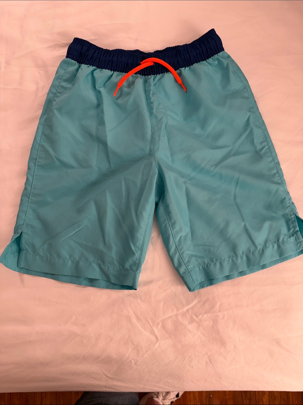 NWOT Kids Turquoise Swim Shorts with Navy Waistband and Orange Drawstring